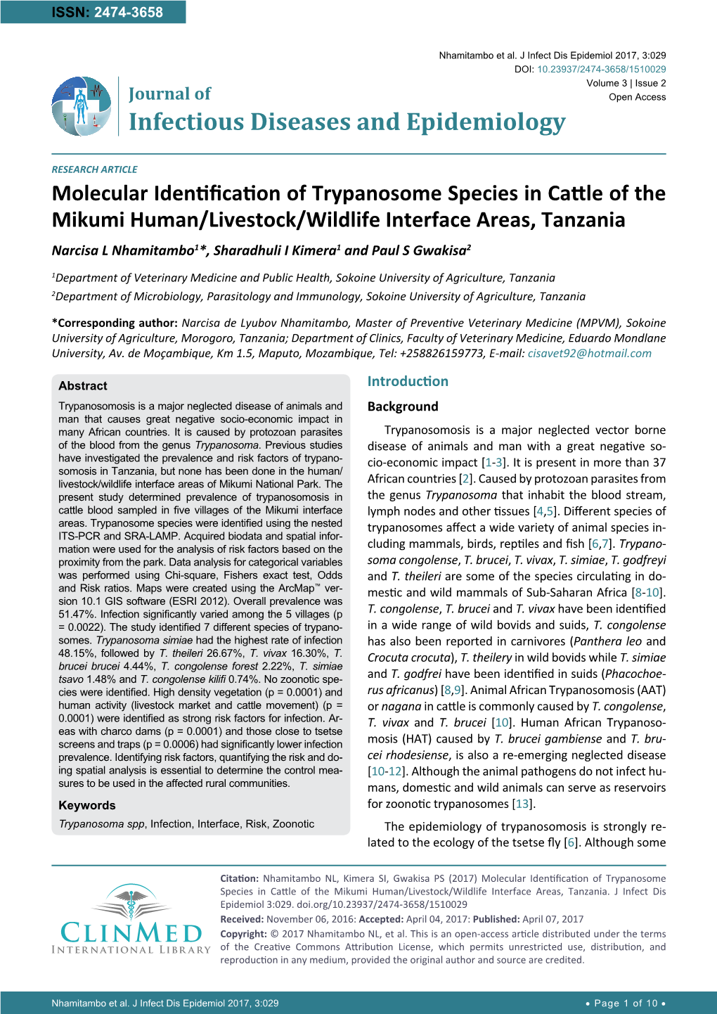 Molecular Identification of Trypanosome Species in Cattle Of