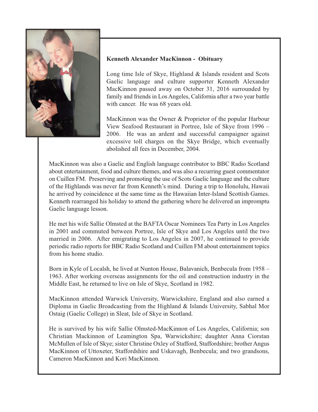 Kenneth Alexander Mackinnon - Obituary