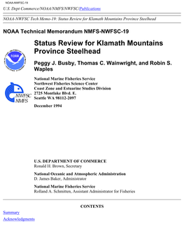 NOAA Technical Memorandum NMFS-NWFSC-19 Status Review for Klamath Mountains Province Steelhead