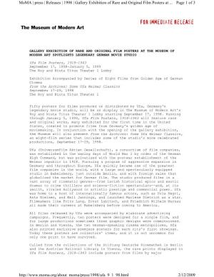 Page 1 of 3 Moma | Press | Releases | 1998 | Gallery Exhibition of Rare