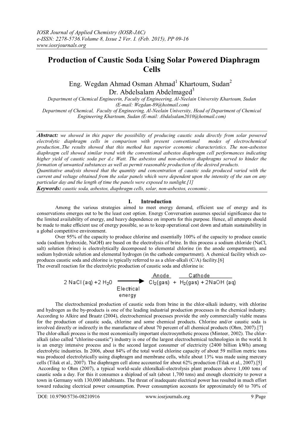 Production of Caustic Soda Using Solar Powered Diaphragm Cells