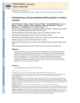 Histoplasmosis Among Hospitalized Febrile Patients in Northern Tanzania