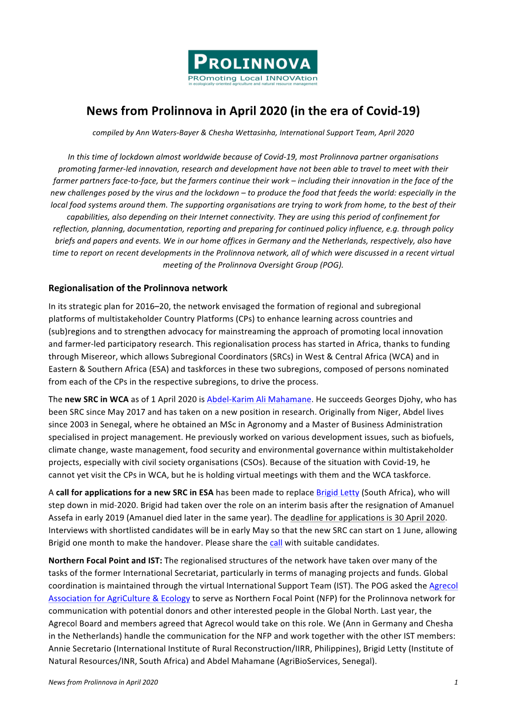 News from Prolinnova in April 2020 (In the Era of Covid-19)