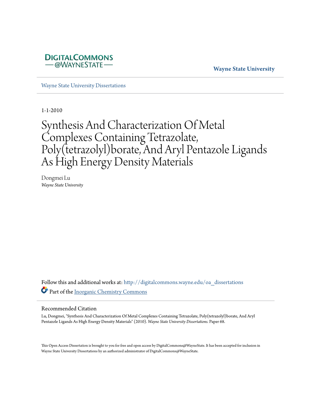 Synthesis and Characterization of Metal Complexes Containing