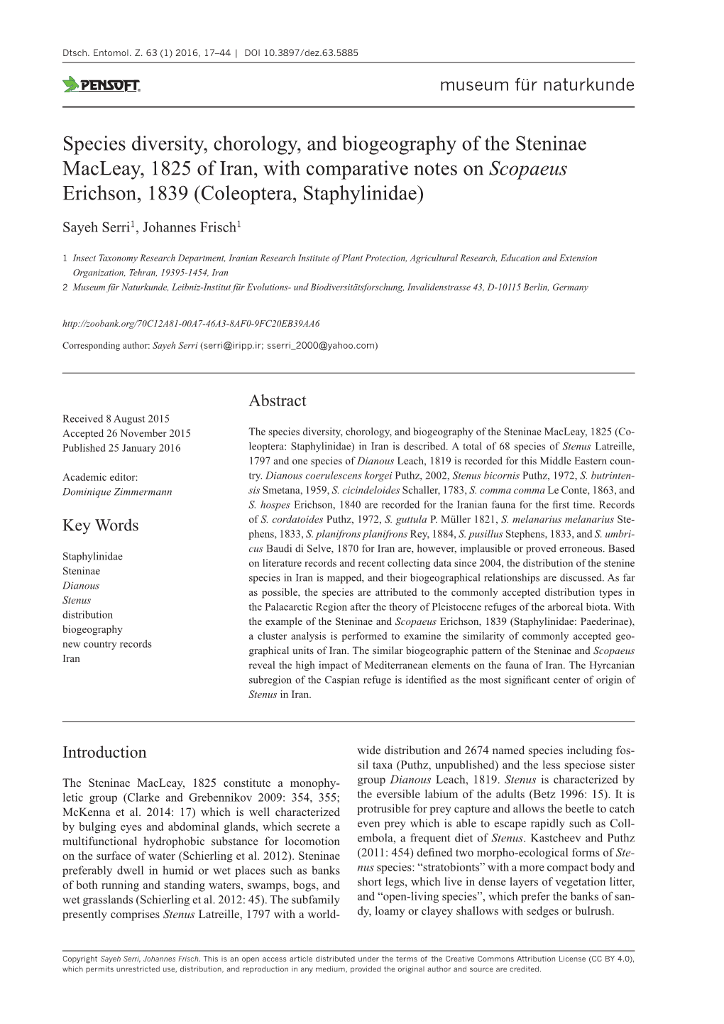 ﻿Species Diversity, Chorology, and Biogeography of the Steninae