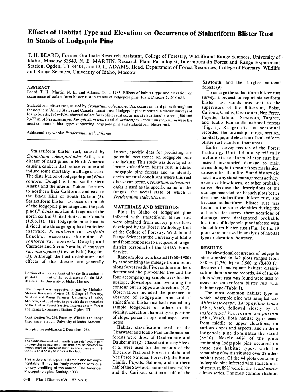 Effects of Habitat Type and Elevation on Occurrence of Stalactiform Blister Rust in Stands of Lodgepole Pine