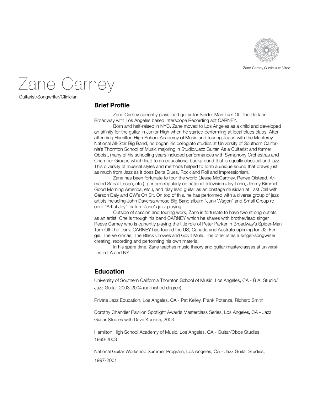 Zane Carney Curriculum Vitae REAL 2012