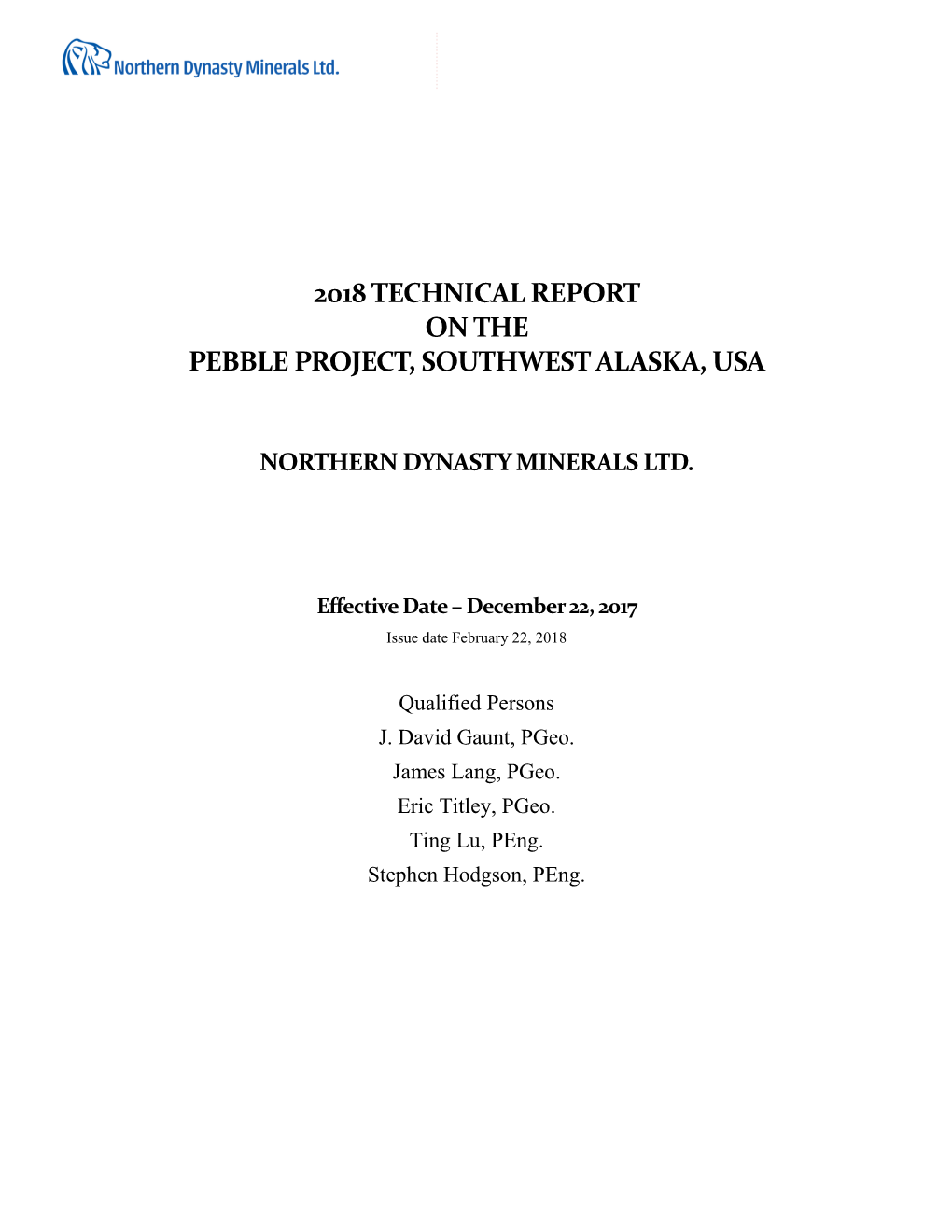 2018 Technical Report on the Pebble Project, Southwest Alaska, Usa