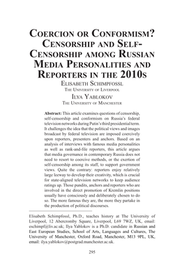 Censorship Among Russian Media Personalities and Reporters in the 2010S Elisabeth Schimpfossl the University of Liverpool Ilya Yablokov the University of Manchester