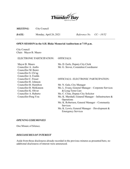 April 26, 2021 City Council Meeting, We Recommend That the Agenda As Printed, Including Any Additional Information and New Business, Be Confirmed