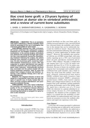 Iliac Crest Bone Graft: a 23-Years Hystory of Infection at Donor Site in Vertebral Arthrodesis and a Review of Current Bone Substitutes