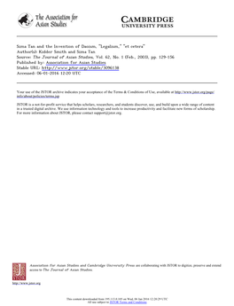 Sima Tan and the Invention of Daoism, "Legalism," "Et Cetera" Author(S): Kidder Smith and Sima Tan Source: the Journal of Asian Studies, Vol