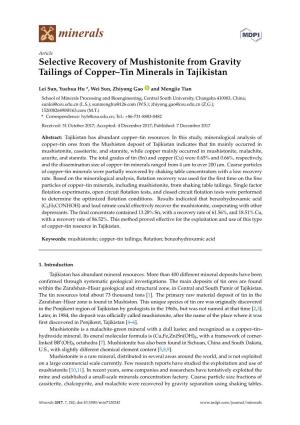 Selective Recovery of Mushistonite from Gravity Tailings of Copper–Tin Minerals in Tajikistan