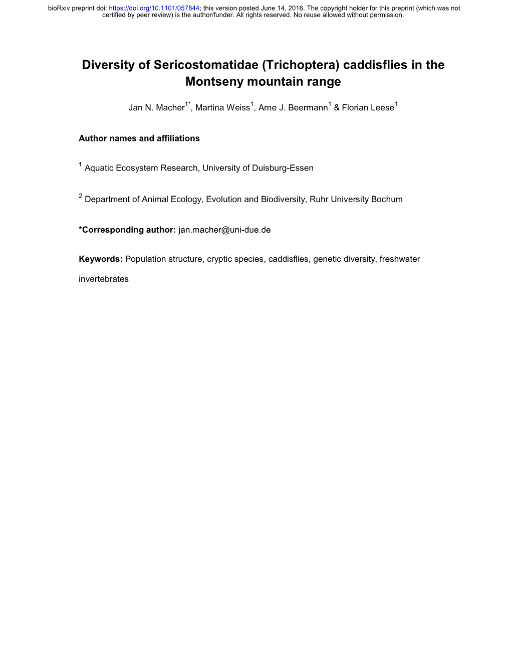 Diversity of Sericostomatidae (Trichoptera) Caddisflies in the Montseny Mountain Range