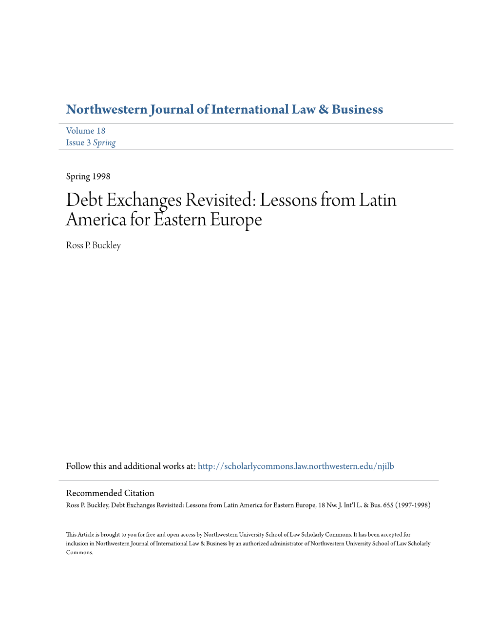 Debt Exchanges Revisited: Lessons from Latin America for Eastern Europe Ross P