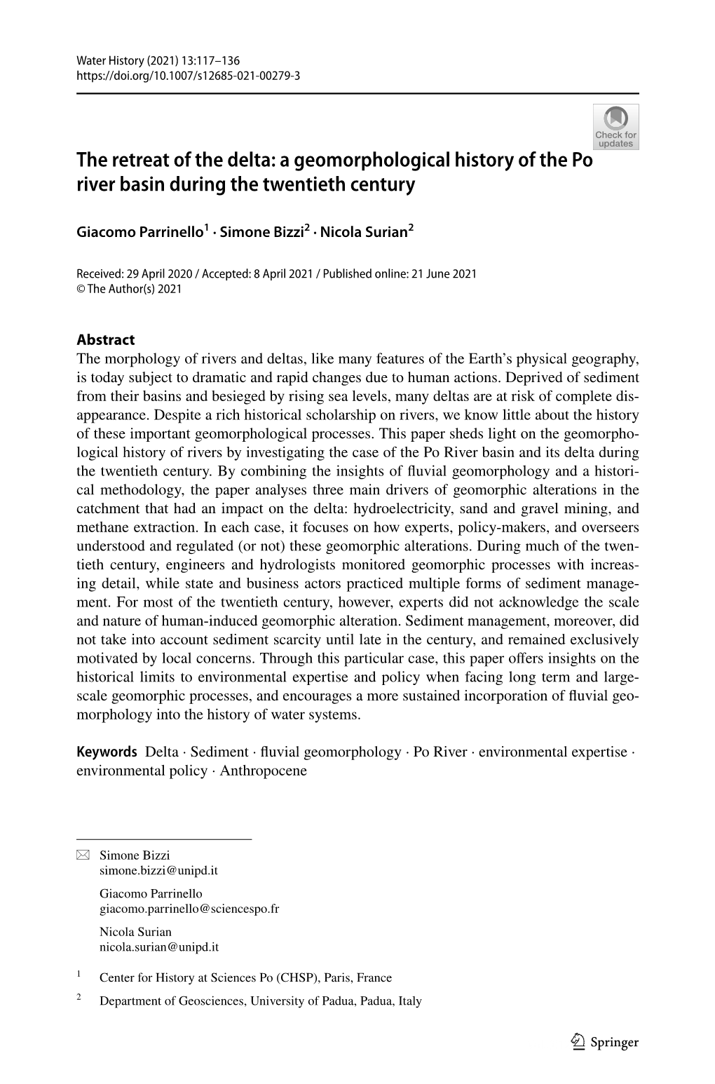 The Retreat of the Delta: a Geomorphological History of the Po River Basin During the Twentieth Century