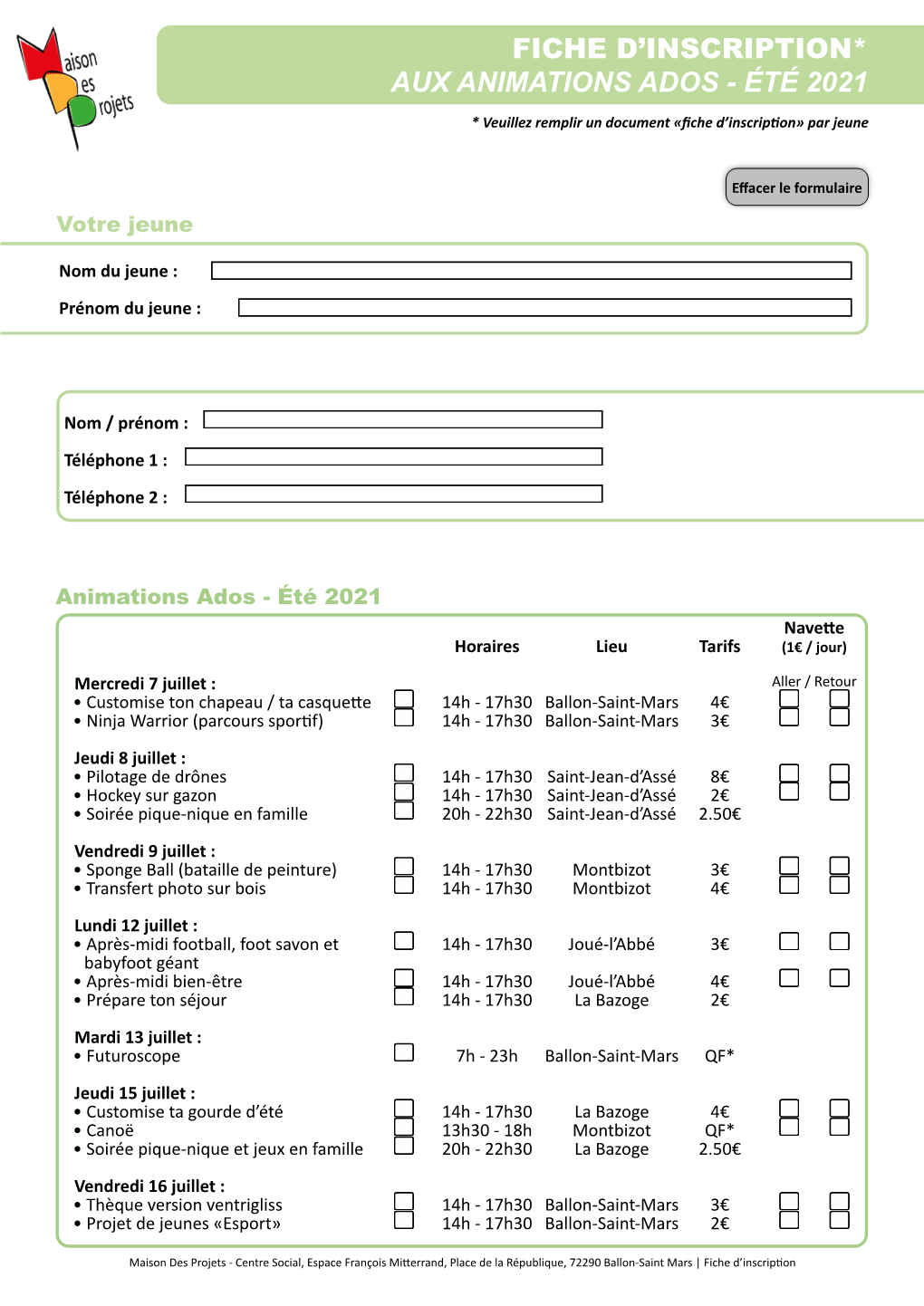 Fiche D'inscription* Aux Animations Ados