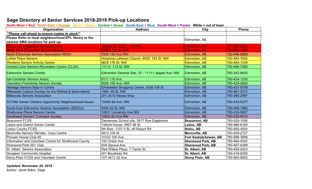 Sage Directory of Senior Services 2018-2019 Pick-Up Locations