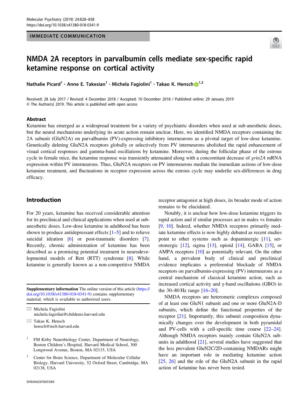 NMDA 2A Receptors in Parvalbumin Cells Mediate Sex-Specific Rapid