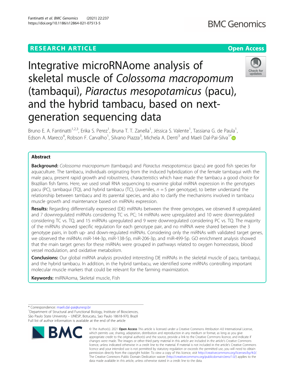 Integrative Micrornaome Analysis of Skeletal Muscle of Colossoma Macropomum (Tambaqui), Piaractus Mesopotamicus (Pacu), And