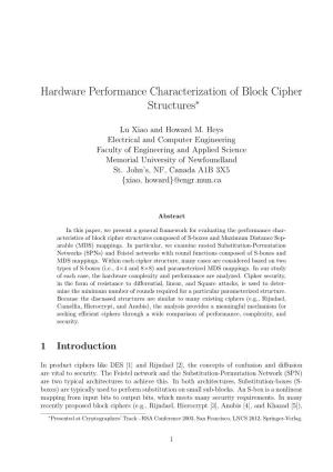 Hardware Performance Characterization of Block Cipher Structures∗