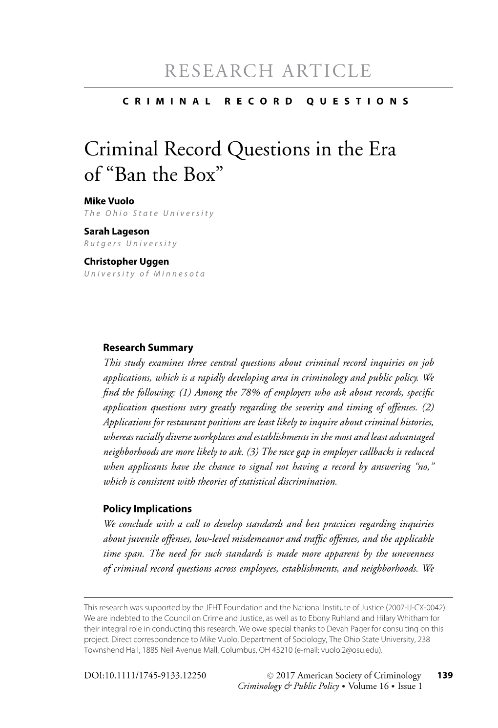 Criminal Record Questions in the Era of “