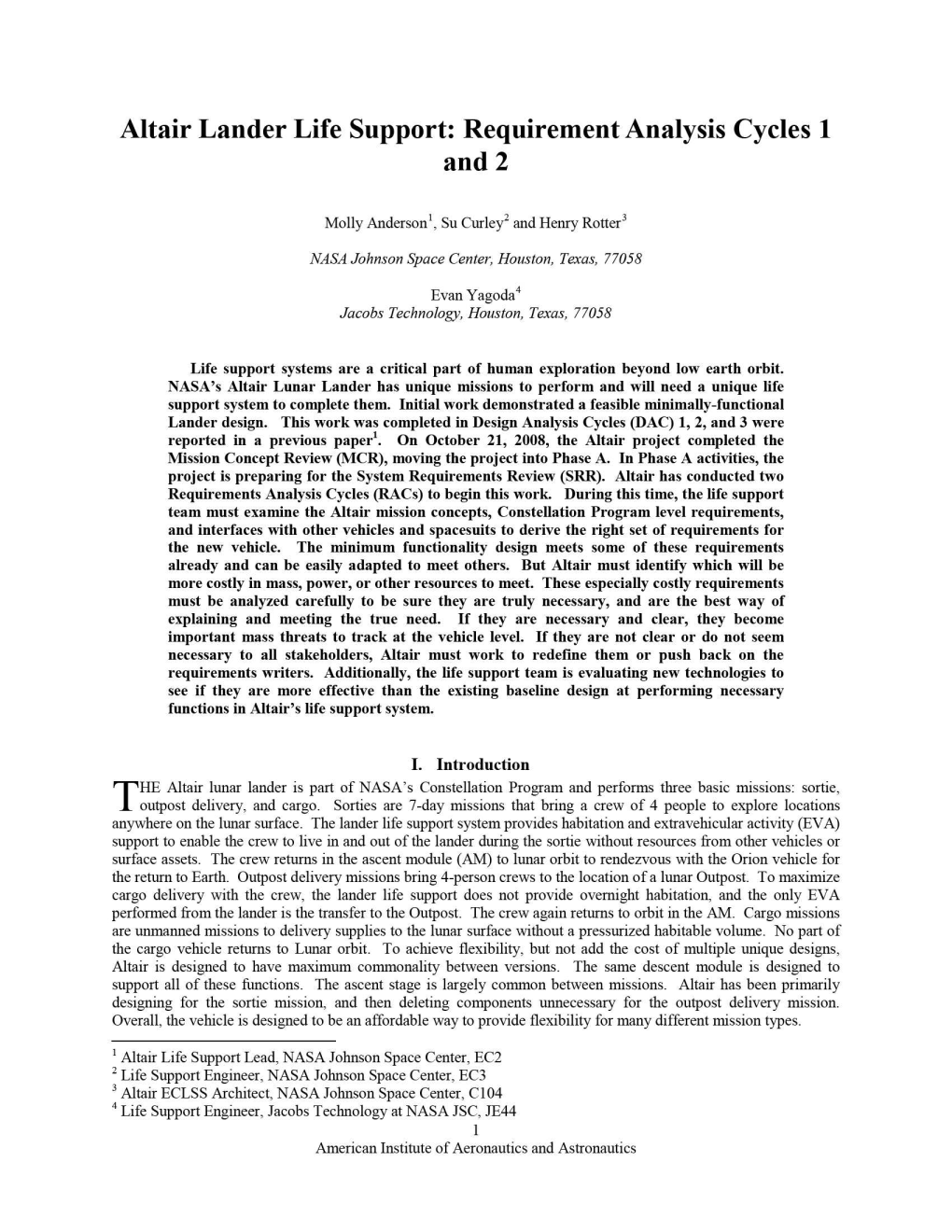 Altair Lander Life Support: Requirement Analysis Cycles 1 and 2