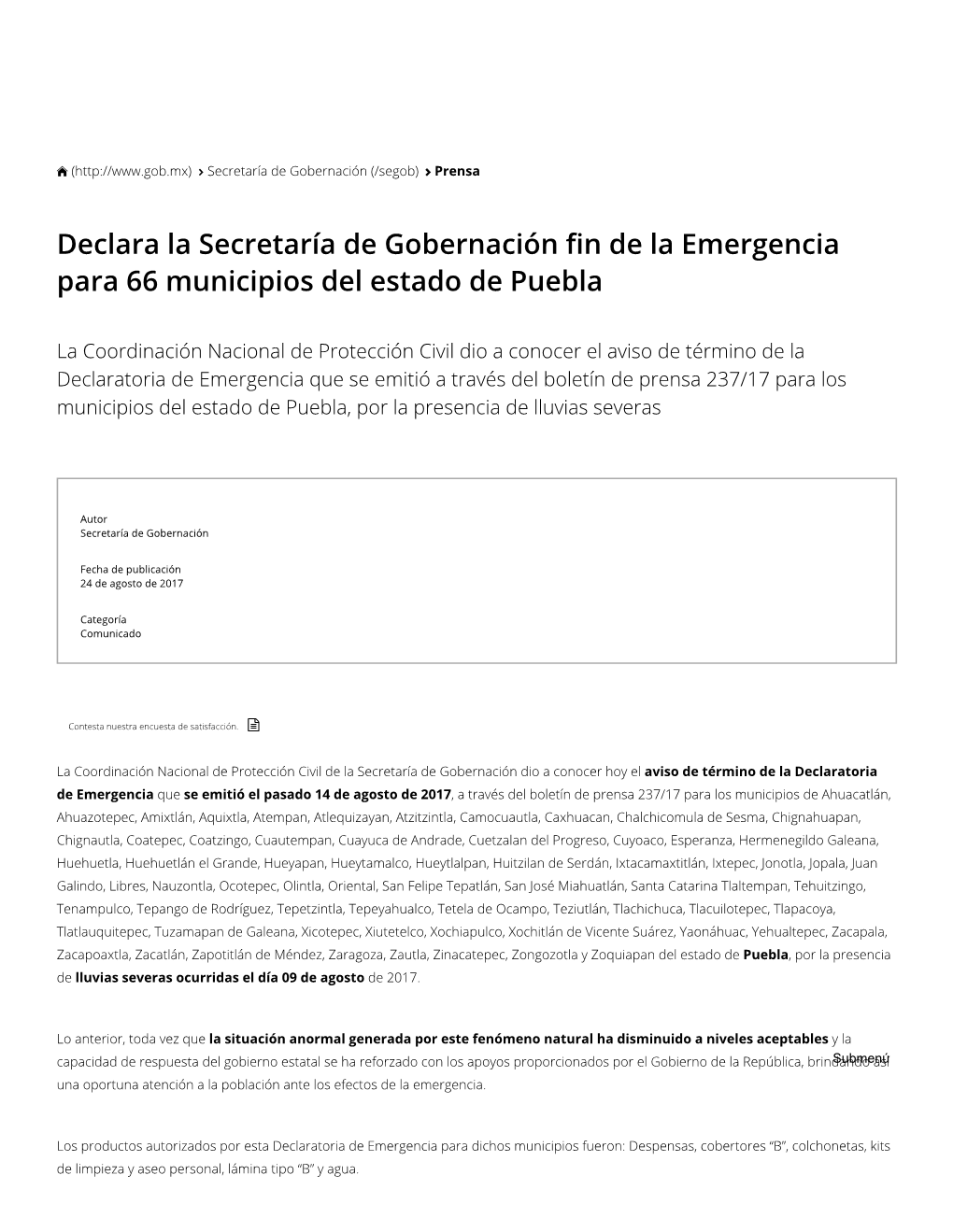 Declara La Secretaría De Gobernación N De La Emergencia Para 66