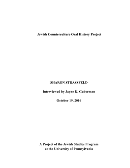 Jewish Counterculture Oral History Project SHARON STRASSFELD