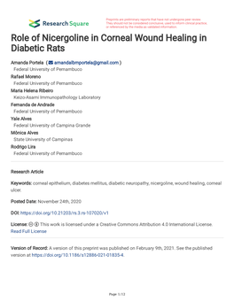 Role of Nicergoline in Corneal Wound Healing in Diabetic Rats
