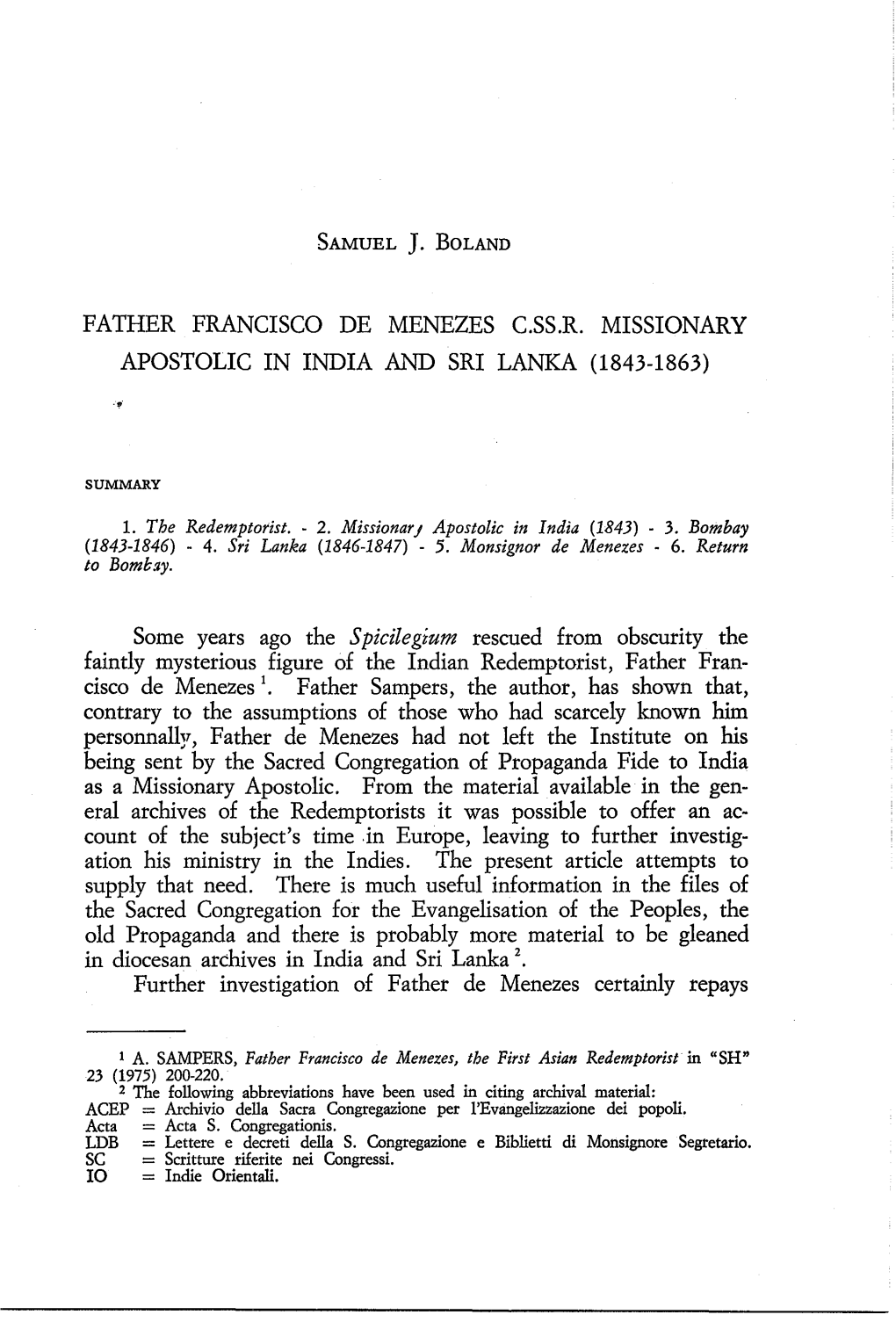 Father Francisco De Menezes C.Ss.R. Missionary Apostolic in India and Sri Lanka (1843-1863)