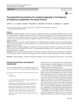 Procedural Recommendations for Lymphoscintigraphy in the Diagnosis of Peripheral Lymphedema: the Genoa Protocol