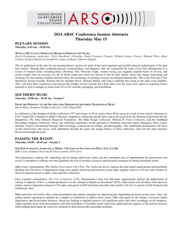 2014 ARSC Conference Session Abstracts Thursday May 15 PLENARY SESSION Thursday, 8:45 Am – 10:00 Am