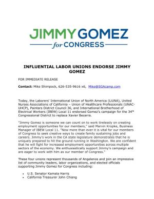 Influential Labor Unions Endorse Jimmy Gomez