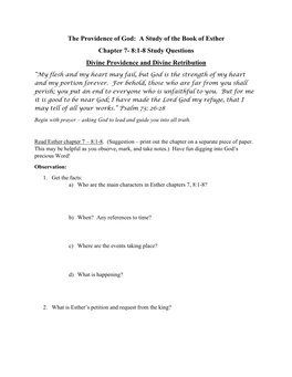 A Study of the Book of Esther Chapter 7- 8:1-8 Study Questions Divine Providence and Divine Retribution