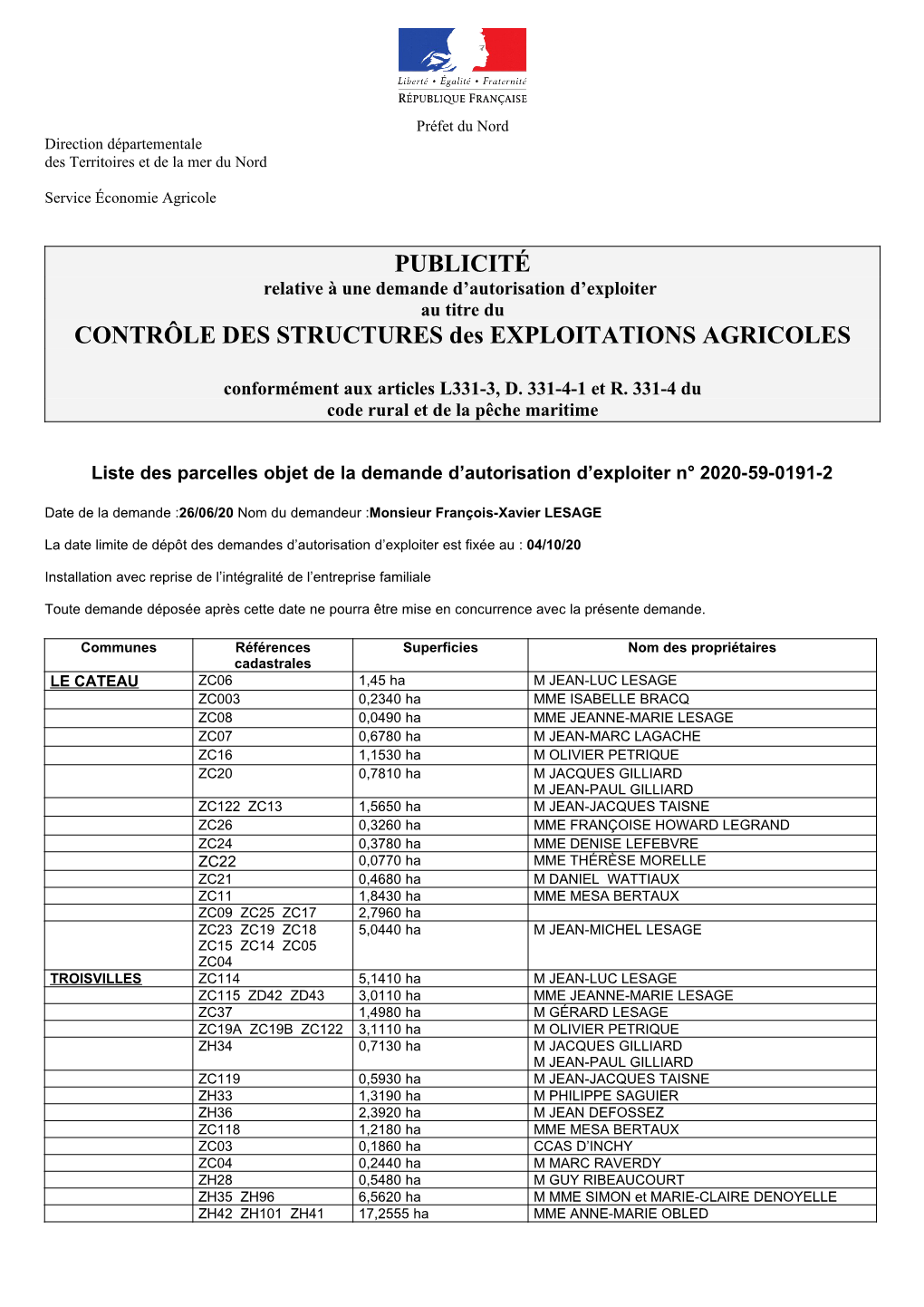 PUBLICITÉ CONTRÔLE DES STRUCTURES Des EXPLOITATIONS AGRICOLES