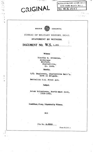 ROINN COSANTA. BUREAU of MILITARY HISTORY, 1913-21. STATEMENT by WITNESS. DOCUMENT NO. W.S. 1,051 Witness Timothy D. Crimmins, K