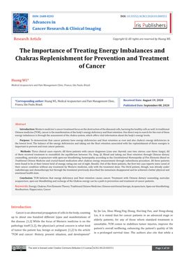 The Importance of Treating Energy Imbalances and Chakras Replenishment for Prevention and Treatment of Cancer