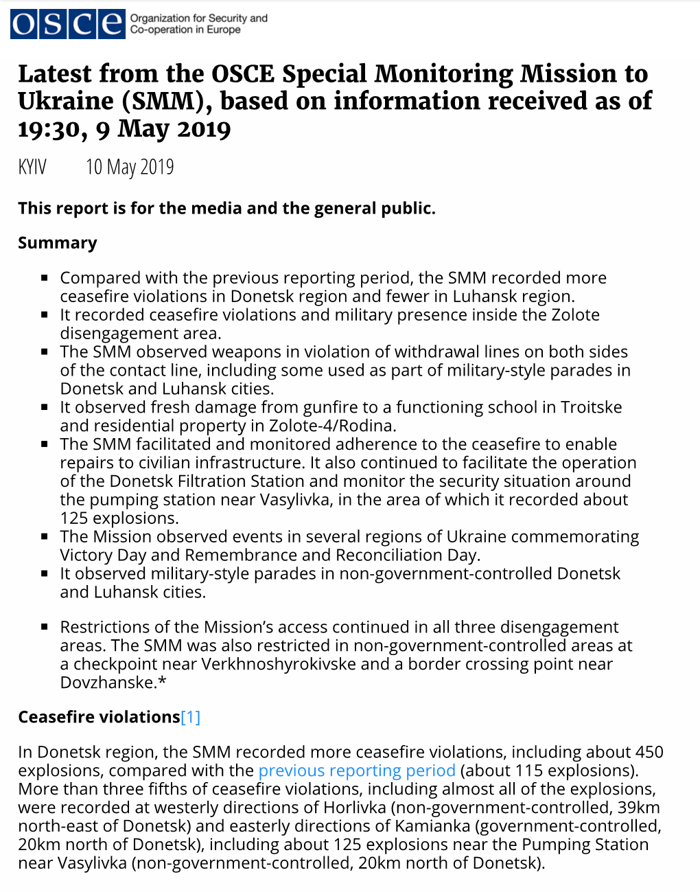 Latest from the OSCE Special Monitoring Mission to Ukraine (SMM), Based on Information Received As of 19:30, 9 May 2019 KYIV 10 May 2019