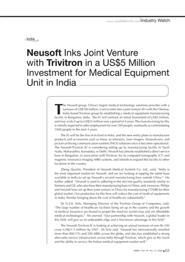 Neusoft Inks Joint Venture with Trivitron in a US$5 Million Investment for Medical Equipment Unit in India