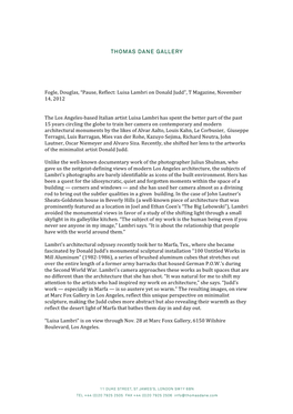 Fogle, Douglas, “Pause, Reflect: Luisa Lambri on Donald Judd”, T Magazine, November 14, 2012
