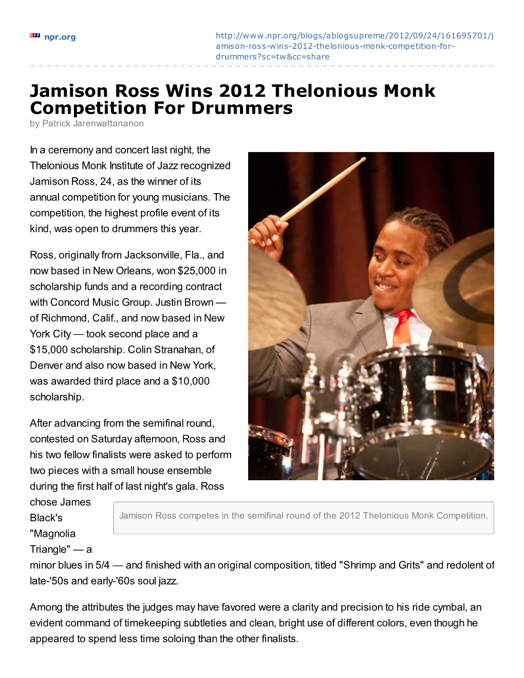 Jamison Ross Wins 2012 Thelonious Monk Competition for Drummers by Patrick Jarenwattananon