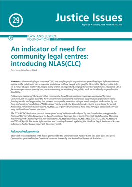 An Indicator of Need for Community Legal Centres: Introducing NLAS(CLC) Catriona Mirrlees-Black