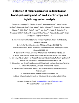 Detection of Malaria Parasites in Dried Human Blood Spots Using Mid-Infrared Spectroscopy and Logistic Regression Analysis