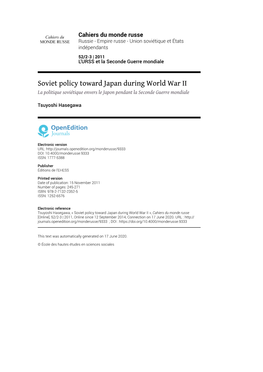 Cahiers Du Monde Russe, 52/2-3 | 2011 Soviet Policy Toward Japan During World War II 2