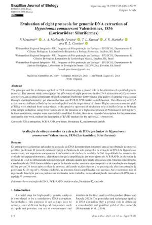 Evaluation of Eight Protocols for Genomic DNA Extraction of Hypostomus Commersoni Valenciennes, 1836 (Loricariidae: Siluriformes) P