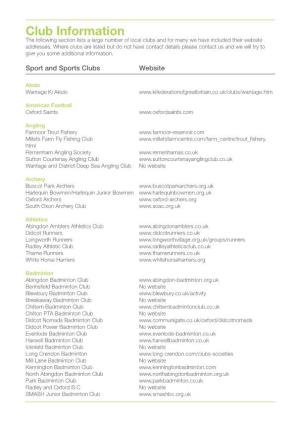 Club Information the Following Section Lists a Large Number of Local Clubs and for Many We Have Included Their Website Addresses