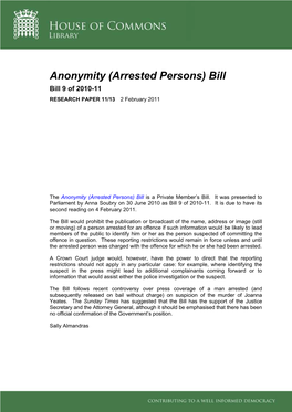 (Arrested Persons) Bill Bill 9 of 2010-11 RESEARCH PAPER 11/13 2 February 2011