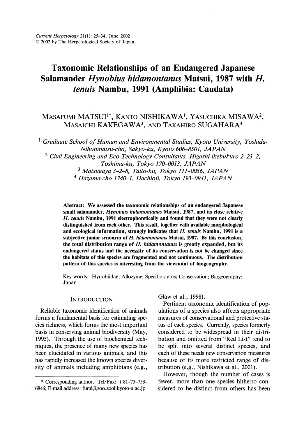 Taxonomic Relationships of an Endangered Japanese Salamander Hynobius Hidamontanus Matsui, 1987 with H. Tenuis Nambu, 1991 (Amphibia: Caudata)