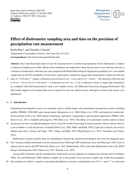 Effect of Disdrometer Sampling Area and Time on the Precision of Precipitation Rate Measurement Karlie Rees1 and Timothy J